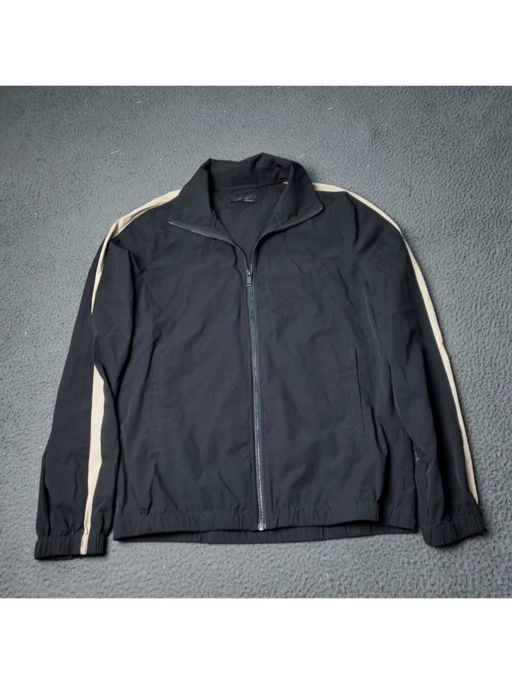 OAK + FORT Jacket Womens S Small Petite Black Nylon Spandex Zip Up Track Striped